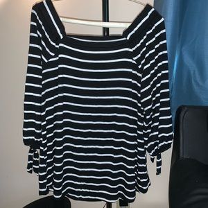 Off the shoulder, striped black and white shirt